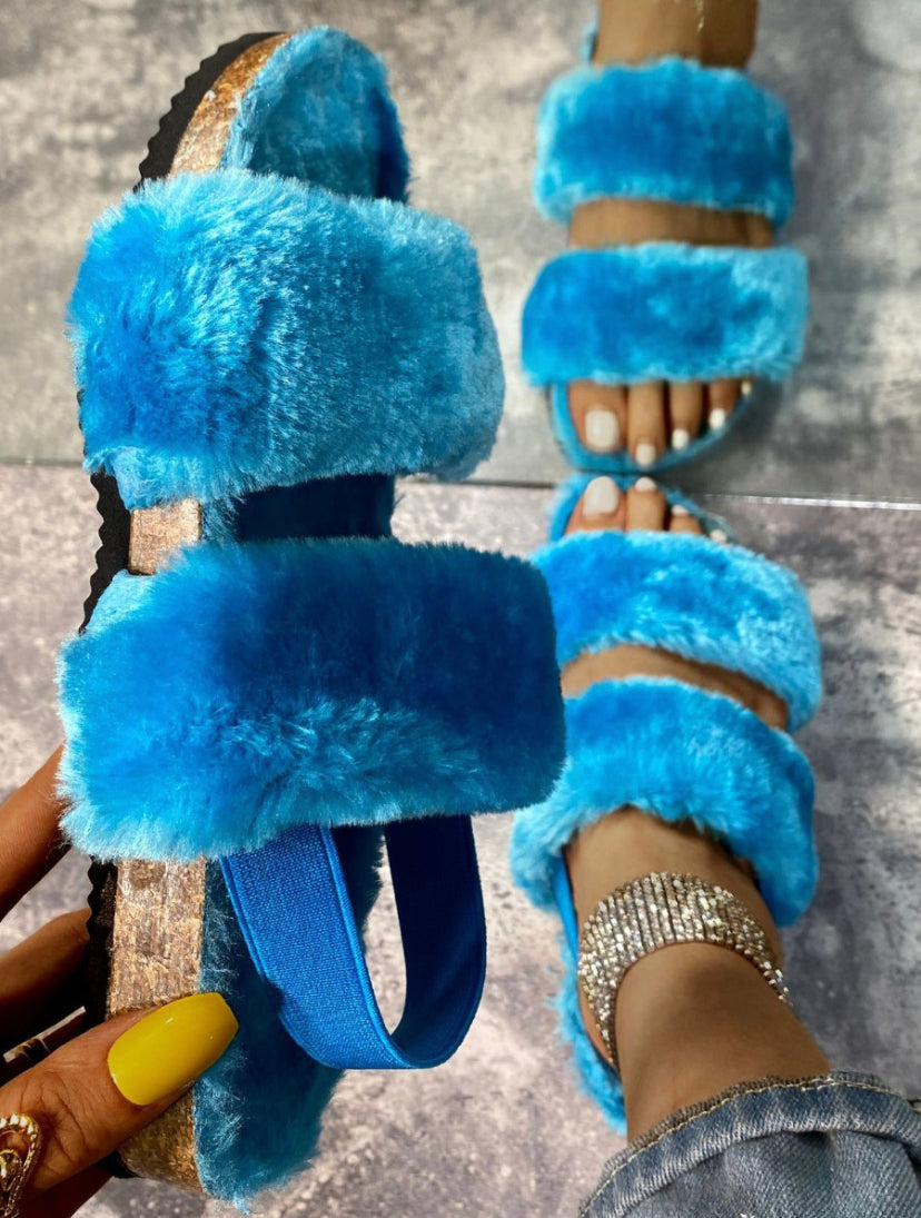 Cozy’s Blue Fuzzy Slipper Sandals