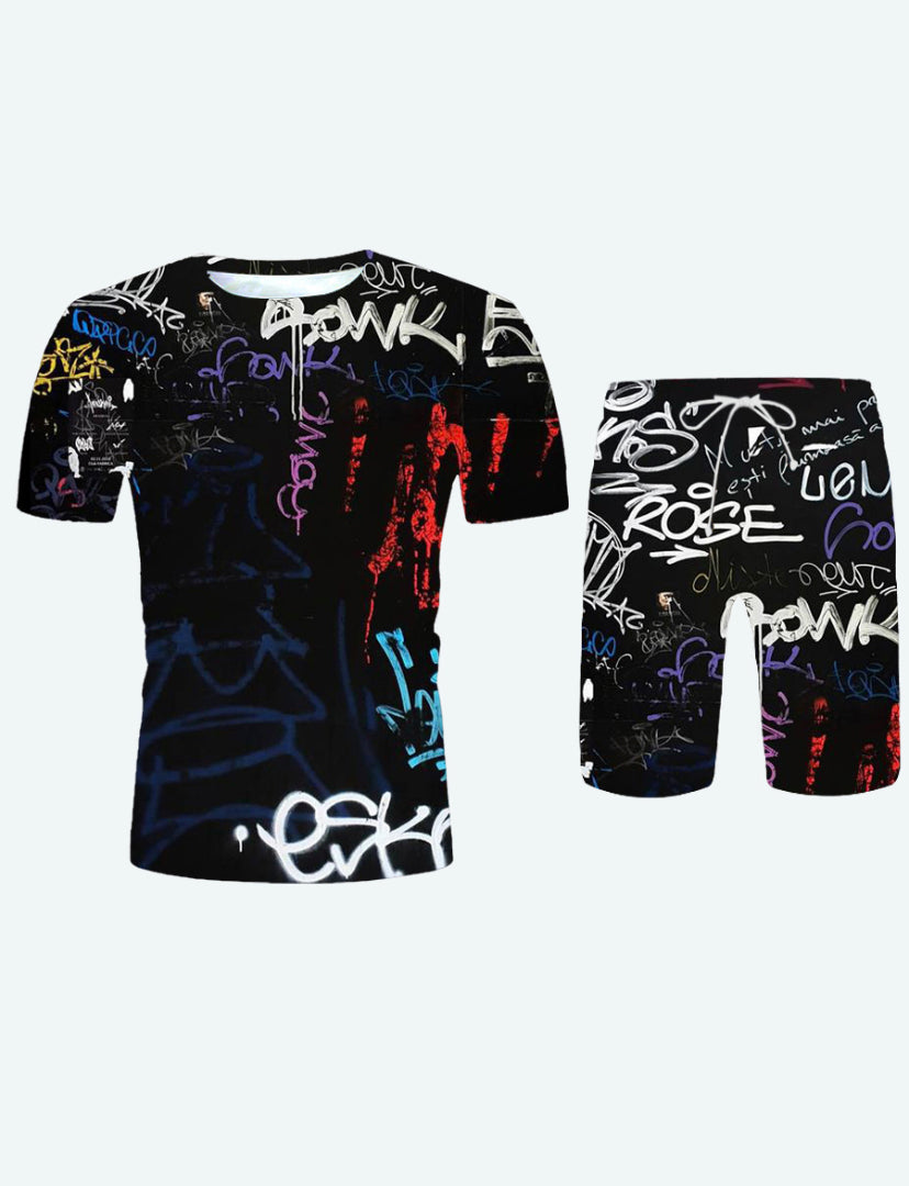 Men's Graffiti Design Two Piece Short Pants Set