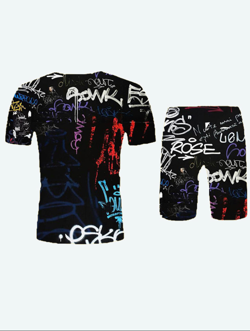 Men's Graffiti Design Two Piece Short Pants Set